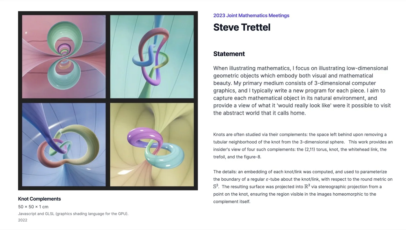 Knot Complements in the exhibition catalogue: inside views of the trefoil, the (2,11) torus knot, the Whitehead link and the figure-eight.