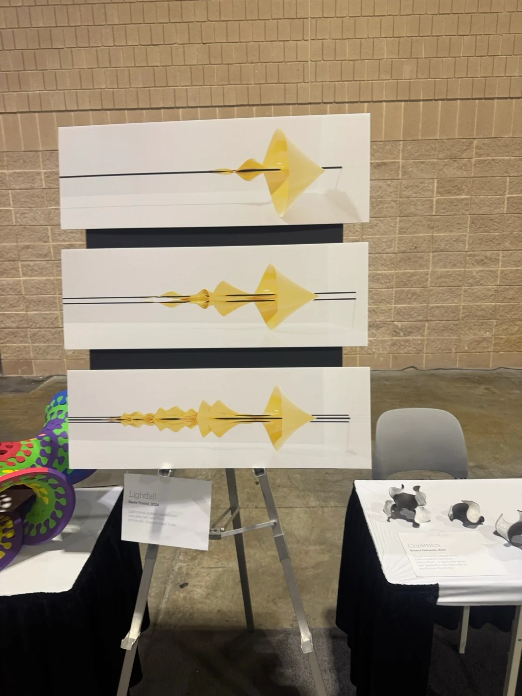 The three panels of Lightfall, tracing a light cone as it spreads through a multi–black-hole spacetime.