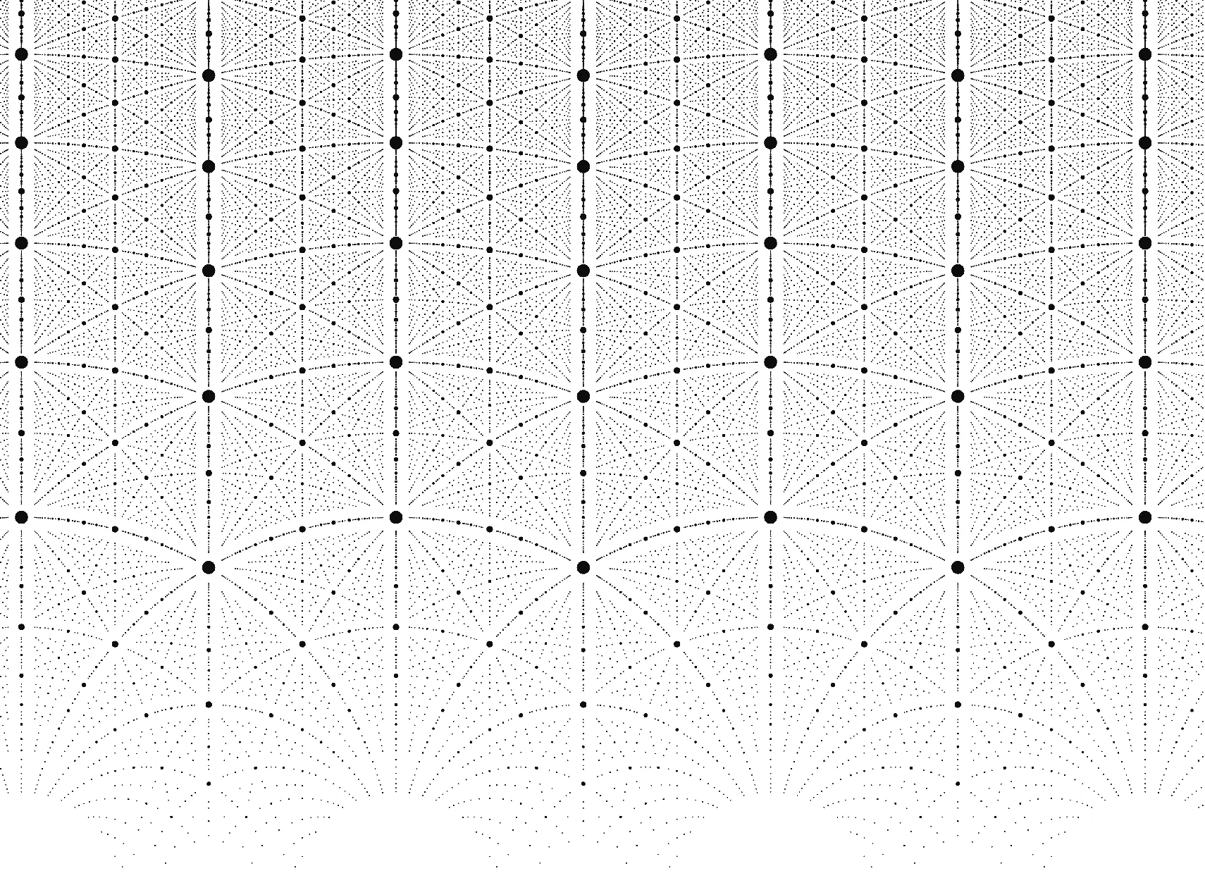 The quadratic starscape: every complex quadratic algebraic number, sized by discriminant in the hyperbolic metric. The necklaces are geodesics, and the whole picture is symmetric under the modular group.