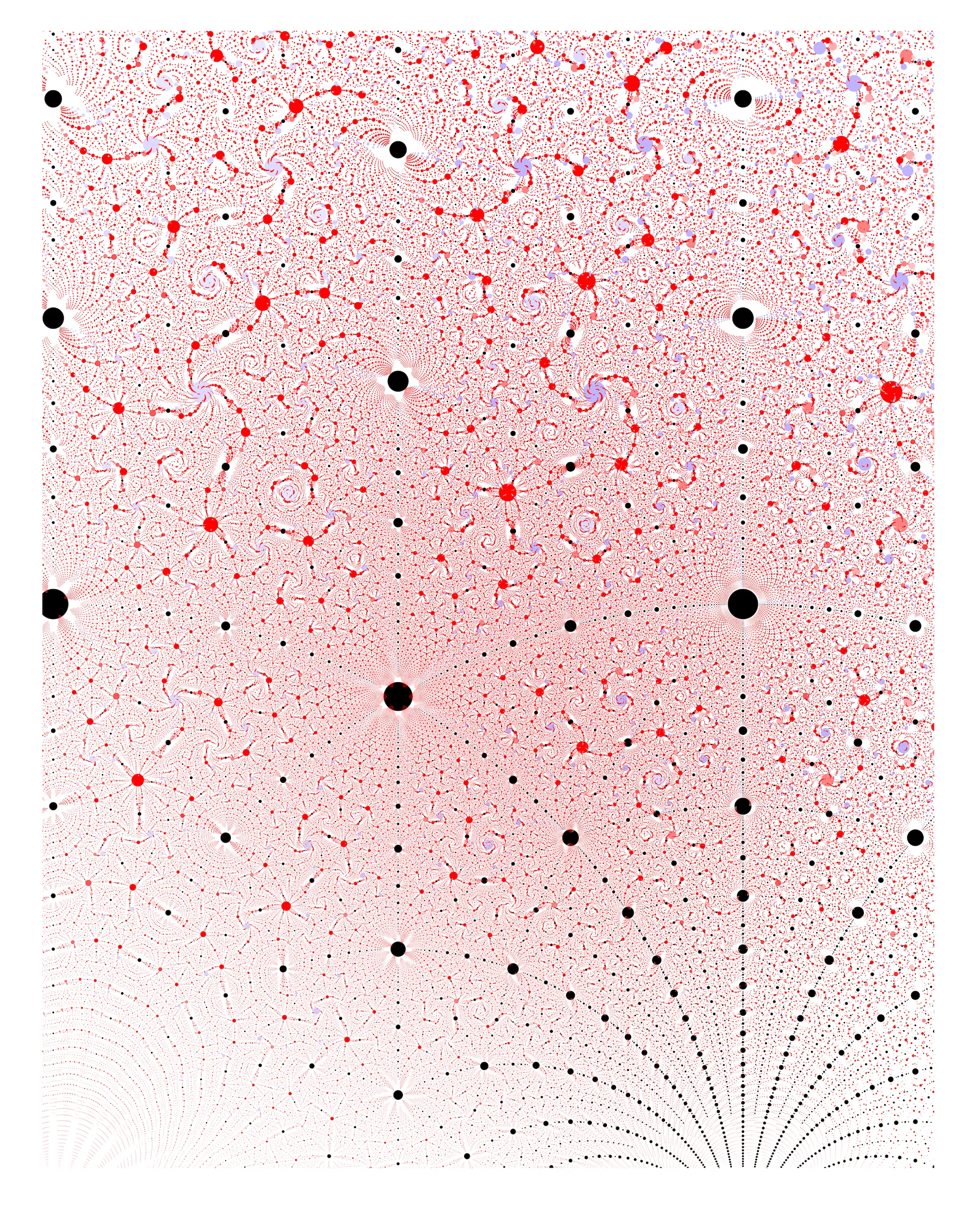 Cubic algebraic numbers in red, with the quadratics in black, sized by discriminant.