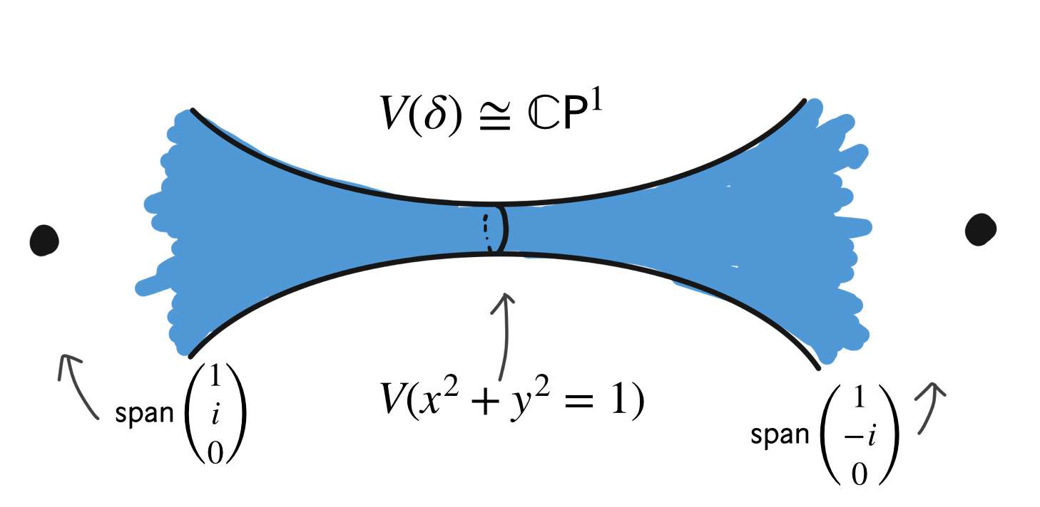 he projective variety $V(b^2-4ac)$ in $\CP^2$ is homeomorphic to a sphere; as can be seen by changing coordinates to $V(x^2+y^2+z^2)$ to and then computing $V(x^2+y^2=1)$ in an affine patch.